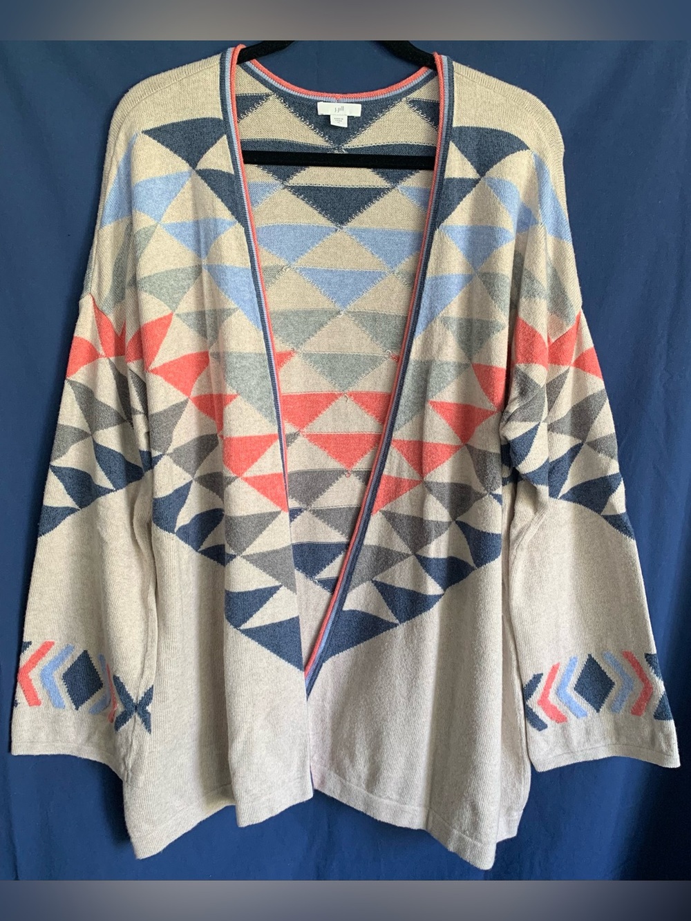 J. Jill Open-Front Geometric Cardigan in Cream, Blue & Coral
